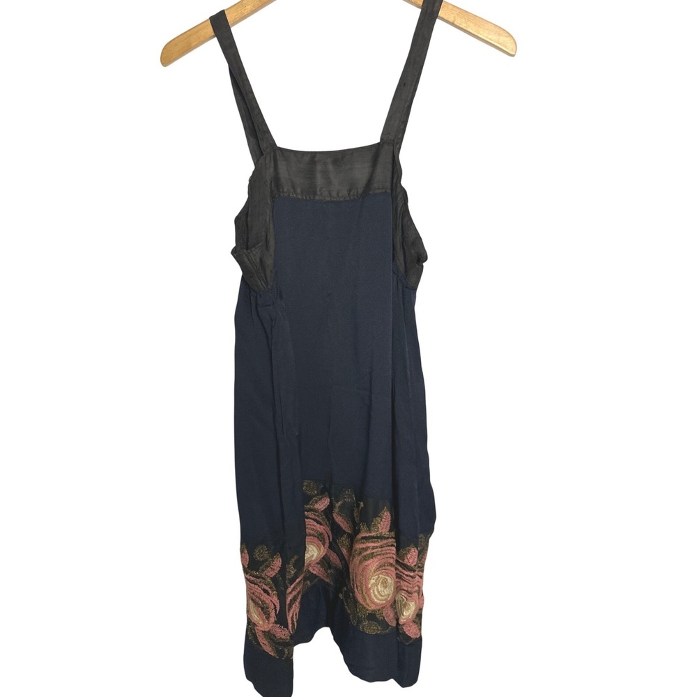 VINTAGE Small Antique 1930s Slip Dress Black Silk Floral Embroidery Art Deco